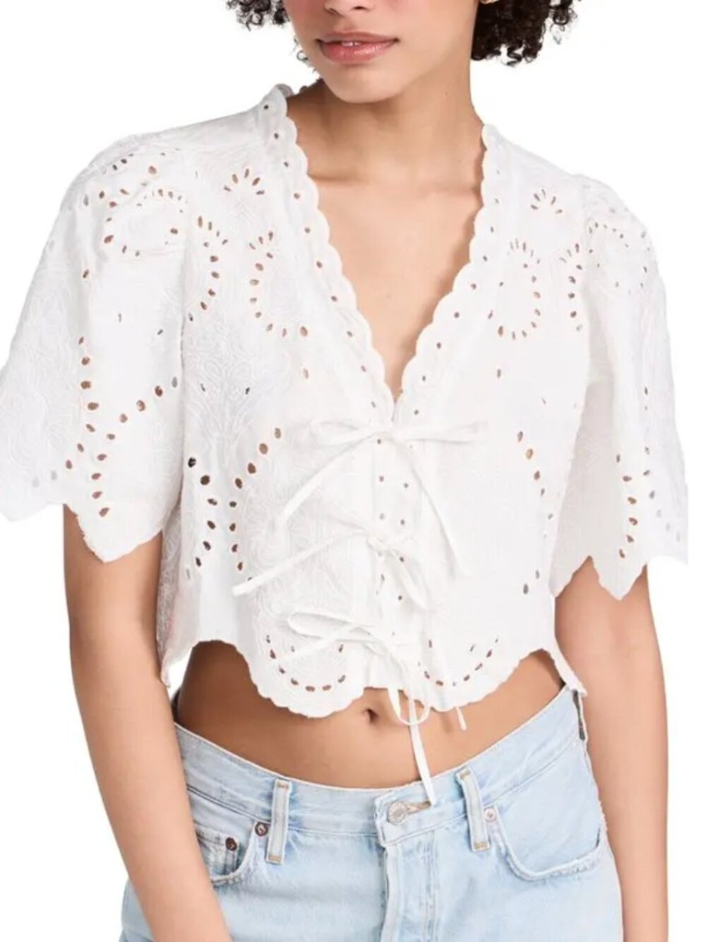 Moon River Eyelet Puff Sleeve Top XS White Embroidered Tie Front Scallop Boho